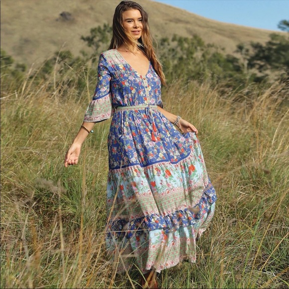 Red V Neck Boho Floral Gypsy Print Maxi Dress - Picture 10 of 16